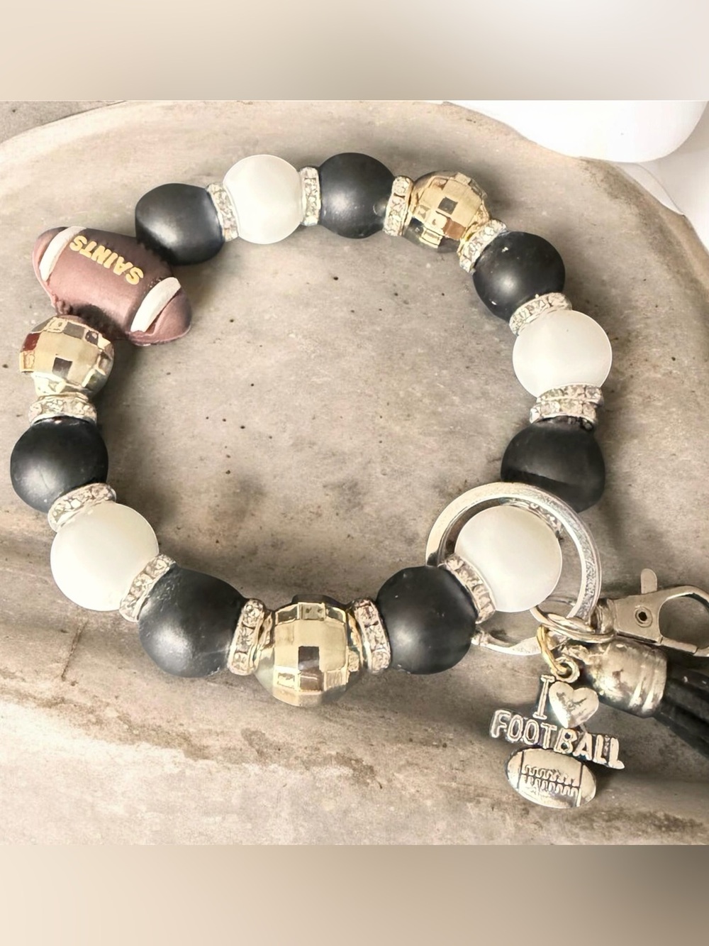 New Orleans Saints Inspired Beaded Wristlet Keychain | Black White Gold Football